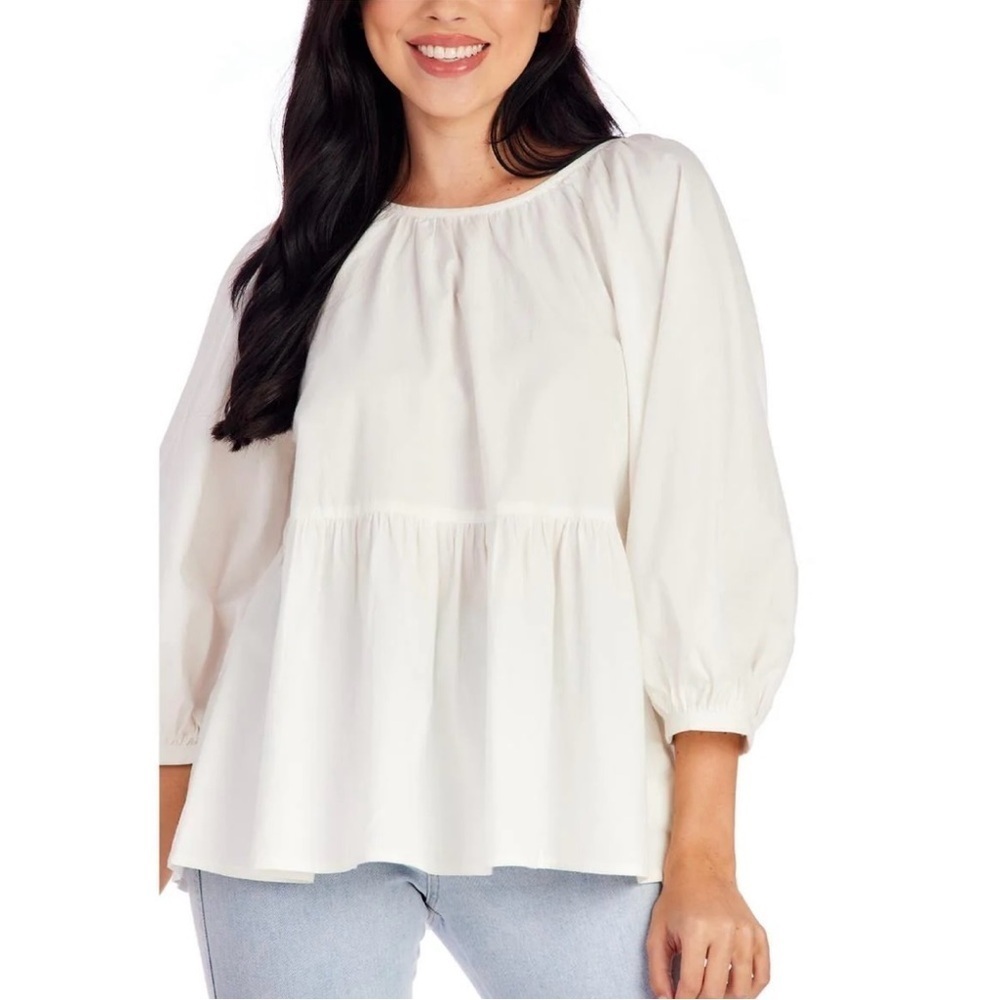 Mud pie Women's White Balloon Sleeve Blouse Bow Tie Back Size S - Picture 3 of 9